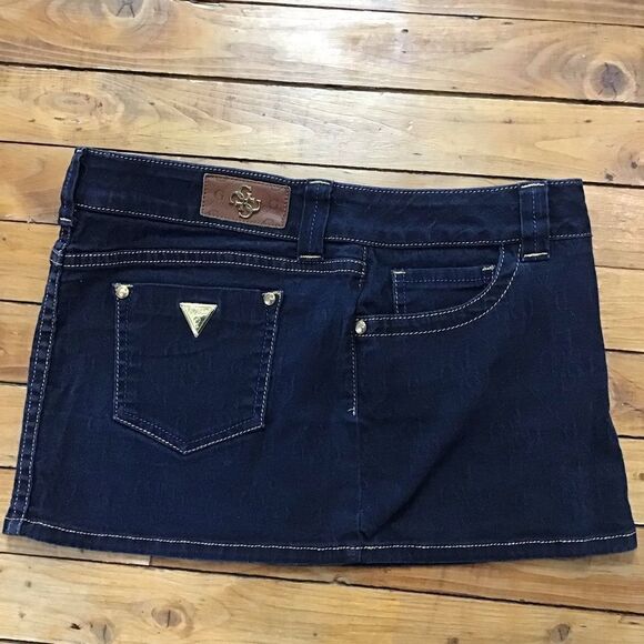 GOLD Premium Guess denim mini skirt dark blue gold sexy low rise in size 28 - Picture 7 of 16